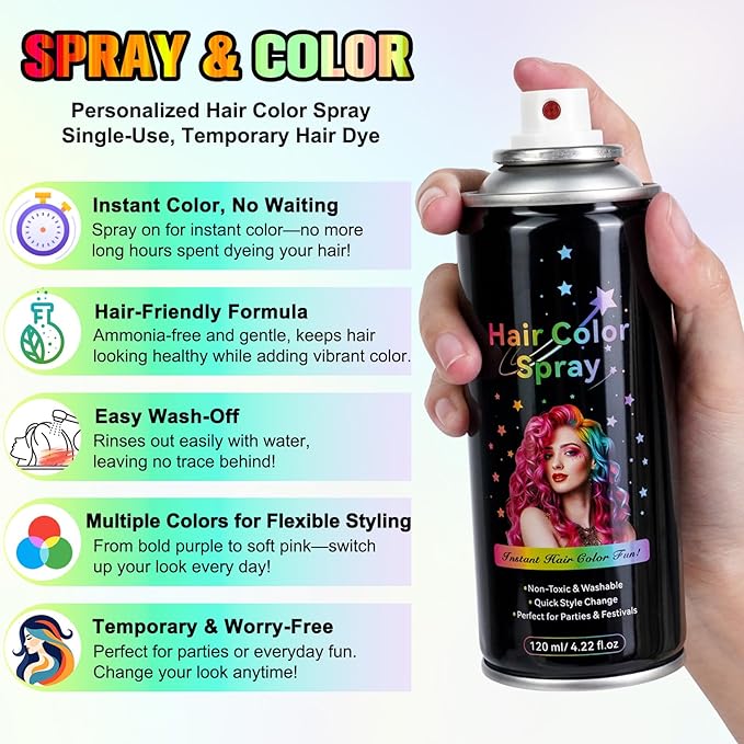 Temporary Hair Color Spray - Instant Washable Hair Dye for Kids & Adults, Non-Toxic & Non-Sticky Formula for Halloween, Cosplay, Parties & Festivals - Lasts All Day, Easy Wash Out - 4.22 fl oz (Pink)
