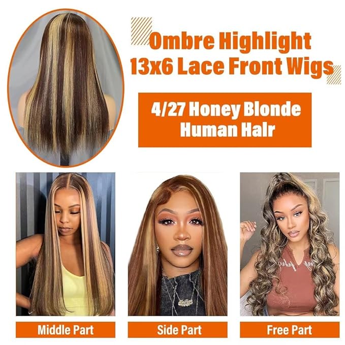 13x6 Ombre Lace Front Wigs Human Hair for Women 180 Density 4/27 Highlight Colored HD Transparent 30 Inch Straight Lace Front Wig Human Hair Pre Plucked Glueless Lace Frontal Wigs