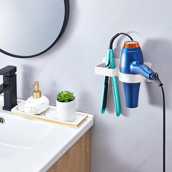 Blow Dryer Holder Wall Mounted, Hair Straightener Holder, Hair Dryer Holder Adhesive, Hair Tool Organizer for Flat Iron, Hairdryer, Curling Iron Holder for Bathroom Vanity Barber Shop (White)