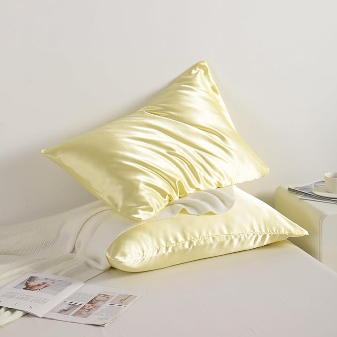 NTBAY 2 Pack Satin King Pillowcases for Hair and Skin, Luxurious and Silky Pillow Cases with Envelope Closure, 20x40 Inches, Light Yellow