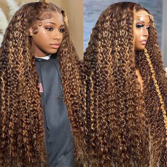 Hidden Strap 360 Water Wave 220% Density Honey Blonde Deep Curly Human Hair wig Ombre Deep Wave 4/27 Highlight Lace Front Wigs Pre Plucked Wet And Wavy Water Wave Wig for Women 20 Inch