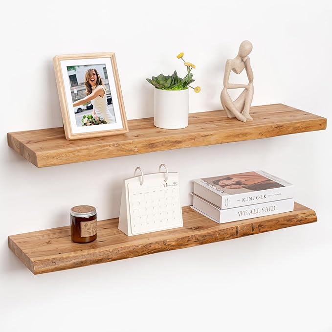 RICHFOCUS Live Edge Elm Floating Shelves - 36" W x 9.3" D Rustic Solid Wood Wall Shelves with Invisible Bracket, Wall-Mounted for Living Room, Bedroom, Kitchen Storage & Display, Set of 2, Natural