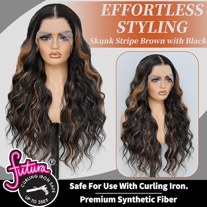 Synthetic Lace Front Wigs Pre Plucked Brown Skunk Stripe Wig 100% Futura Premium 13x4 HD Lace Wigs For Black Women 26 Inch Long Wavy Ready to Wear Beginner Friendly Daily Party Use