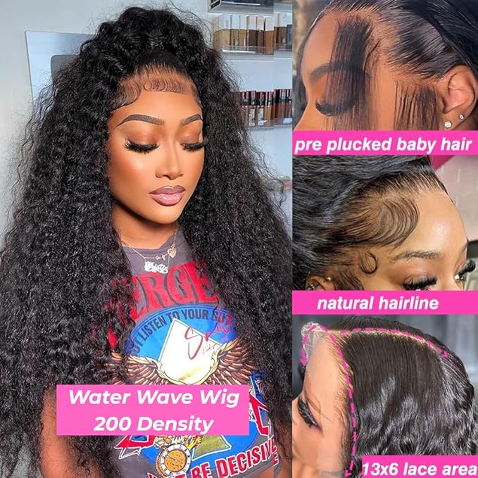 24 Inch Water Wave 13x6 HD Lace Front Wigs Human Hair Pre Plucked 200 Density Deep Part Curly Wig for Women Water Wave Frontal Wigs Human Hair