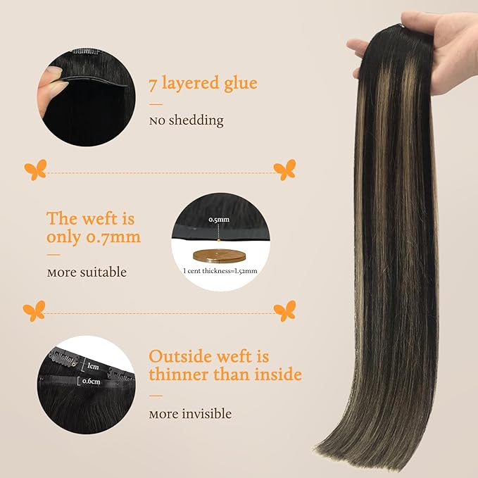 DOORES Hair Extensions Clip ins, Balayage Natural Black to Light Blonde 7pcs 14 Inch 110g, Seamless Clip in Hair Extensions Remy Thick Straight Invisi Edge Weft
