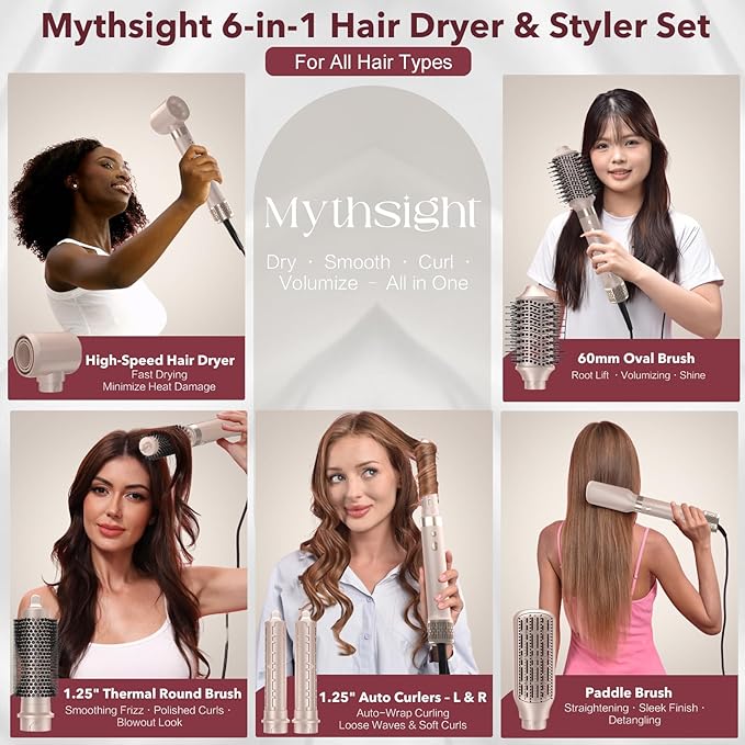 Dual Voltage StyleVibe 6-in-1 Air Styler, Hair Dryer & Blow Dryer Brush with Travel Case - Auto Wrap Curls (L/R), Fast Drying, Thermal Brush for Blowouts & Frizz-Free Volume, No Heat Damage