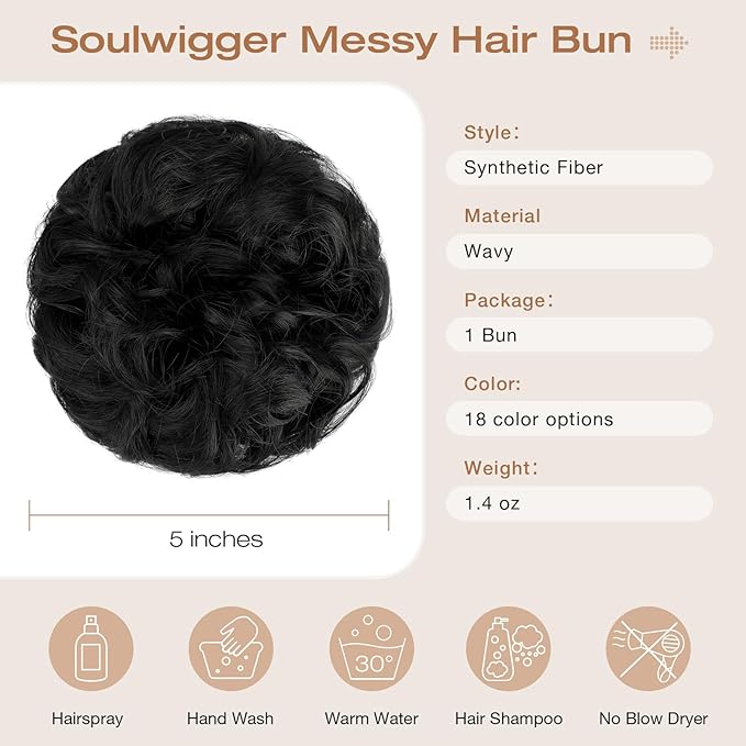 Messy Bun Hair Piece Wavy Curly Scrunchies Fluffy Donut Thick Updo Elegant Chignon Hairpieces for Women Girls, Dark Black 1.4oz