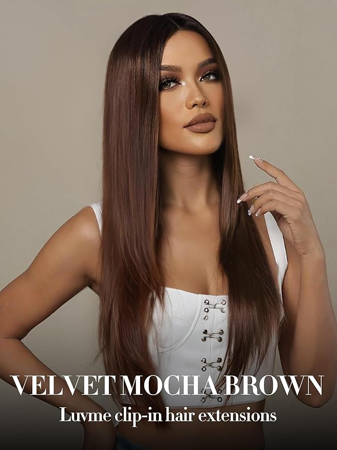 LUVME Seamless Clip in Hair Extensions Human Hair, 16 Inch 135g 9pcs Dark Brown Hair Extensions Clip in Human Hair Silky Straight Remy Human Hair Extensions