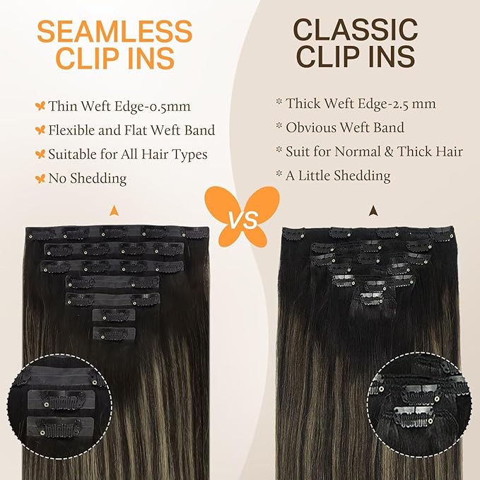 DOORES Hair Extensions Clip ins, Balayage Natural Black to Light Blonde 7pcs 14 Inch 110g, Seamless Clip in Hair Extensions Remy Thick Straight Invisi Edge Weft
