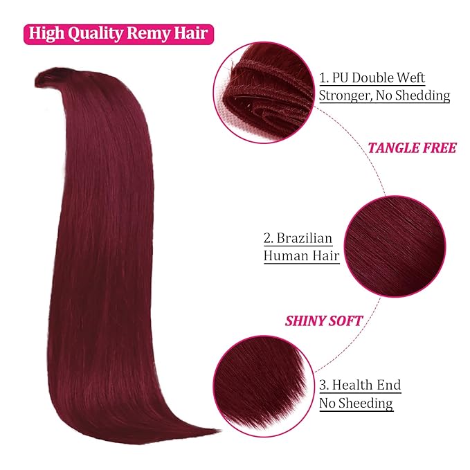 99J Burgundy human hair clip in extensions 20inch 120g Clip in Hair Extensions Real Human Hair Clip Ins 8pcs Double Weft Handmade Per Set with 18clips Straight Hair for Women(#99J)