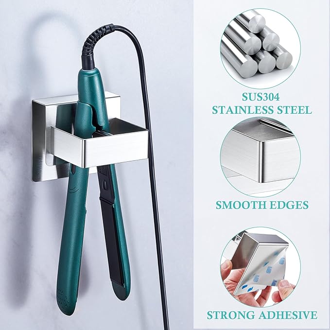 Straighteners Holder Wall Mounted Curling Iron Holder Metal Hair Dryer Holder for Curling Wands Accessories Adhesive Hair Tool Organizer Flat Iron Holder for Bathroom Barber Shops Vanity (Sliver)