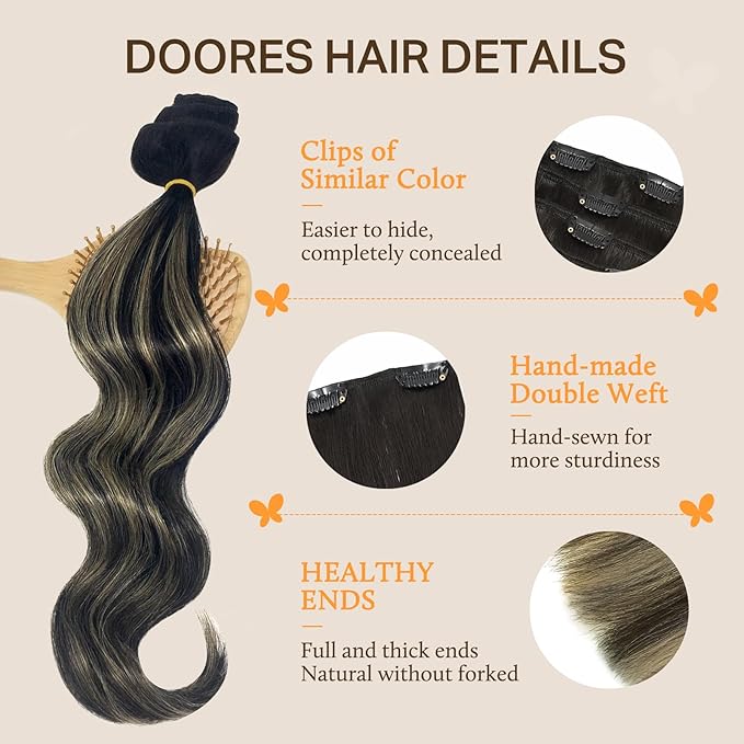 DOORES Clip in Hair Extensions Human Hair, Balayage Natural Black to Light Blonde 7pcs 100g 14 Inch, Remy Hair Extensions Clip in Human Hair Straight Weft