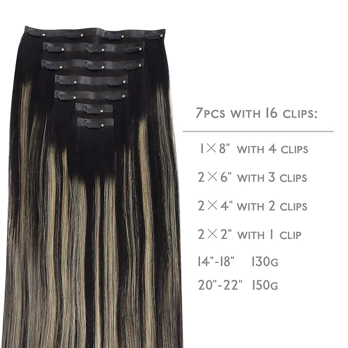 WENNALIFE Seamless Clip In Hair Extensions, 22 Inch 150g 7pcs Natural Black to Light Blonde Hair Extensions Clip in Human Hair Invisible PU Skin Weft Natural Remy Human Hair Extensions