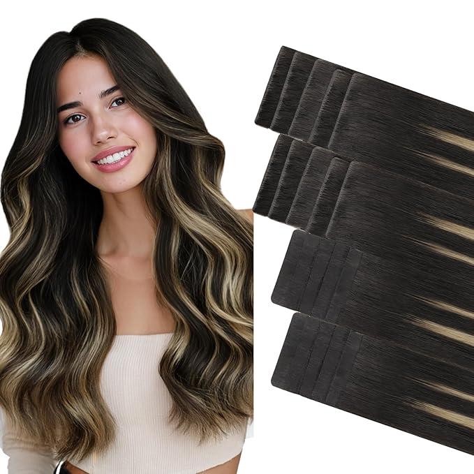 GOO GOO Invisi Edge Tape in Hair Extensions Human Hair, 1B/19/1B Natural Black to Light Blonde 10pcs injected with 10pcs classical tape ins, 14inch 50g, Virgin Remy Hair, Natural Look