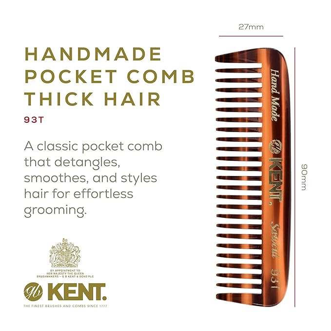 Kent 93T Wide Tooth Men's Comb, for Mustache and Beard ideal for Facial Hair, Small Pocket Sized Travel Detangler Comb, Saw-Cut Hand polished Made in England
