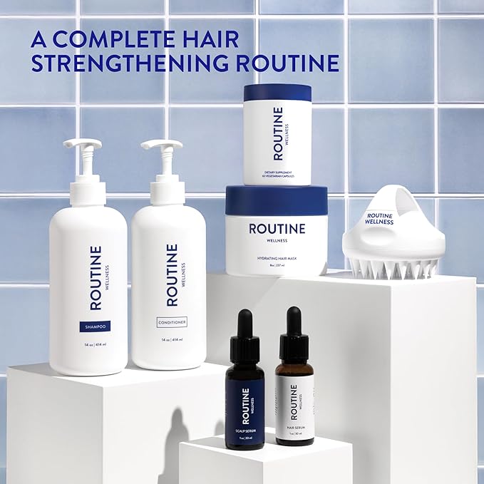 Routine Wellness Bundle - Shampoo and Conditioner Set for Thinning Hair, Two Serums for Scalp Health, Hair Growth Supplement & Hair Mask - Rose Hips