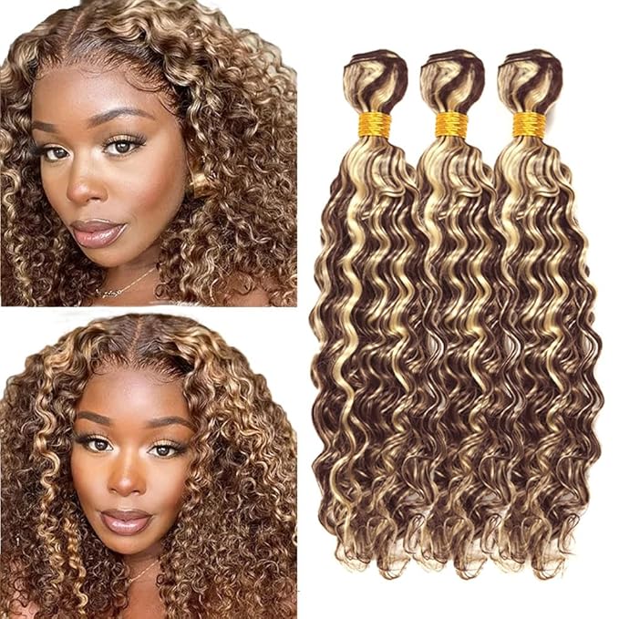 24 26 28 Inch Blonde Bundles Human Hair Highlight Deep Wave Bundle 2 Tone Brown Mixed With Blonde Bundles Niegmeag Brazilian Virgin Remy Hair Extensions 300g