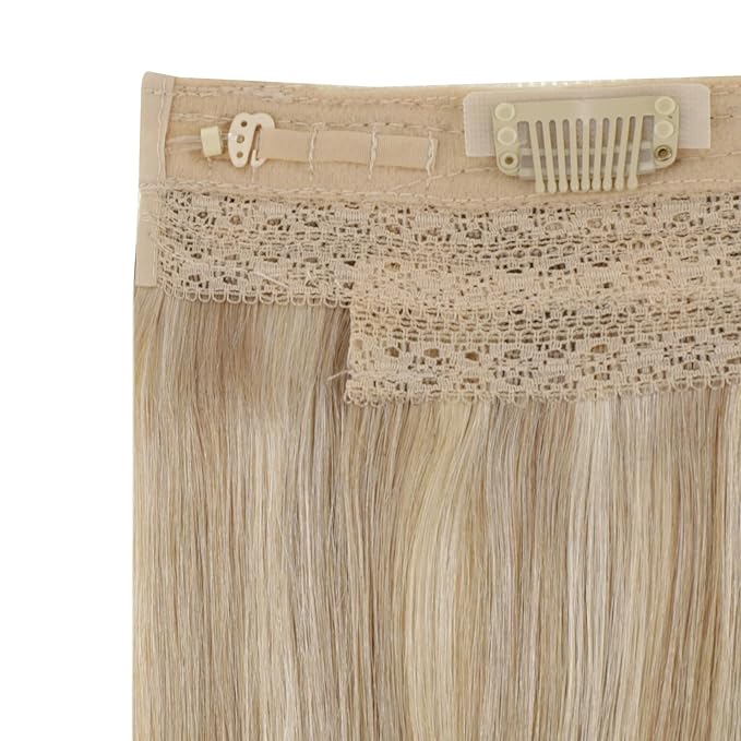 RUNATURE Wire Human Hair Extensions, Secret Wire Hair Extensions, Real Human Hairpieces with Transparent Wire, 14 Inch 70g #16P22 Dark Ash Blonde Highlight Light Blonde