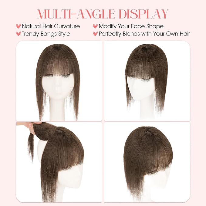Hairro Mono Hair Toppers with Bangs, 3.4" x 3.4" Mono Base 100% Real Human Hairpieces for Women, 150% Density Clips In Topper for Greyish Thinning Hair, 10 Inch Cocoa Brown