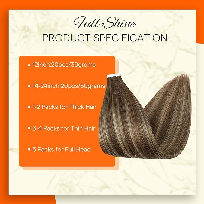 Full Shine Human Hair Tape in Extensions Color 4/24/4 Medium Brown to Honey Blonde 22 Inch Real Human Hair Tape in Extensions Silky Straight Travel Friendly Styling 20Pcs 50gram