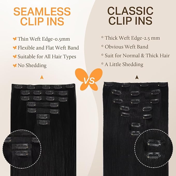 DOORES Clip in Hair Extensions Real Human Hair, Jet Black 150g 7pcs 20 Inch Invisible Edge Clip in Extensions Long Straight Weft for Women