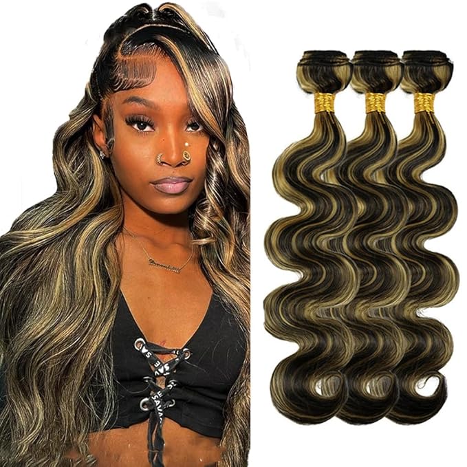 1B/27 Human Hair Bundles Blonde Body Wave Bundle Niegmeag Virgin Remy Hair 3 Bundles 20 20 20 Inch 2 Tone Black and Honey Blonde Bundle Double Weft Hair Weave