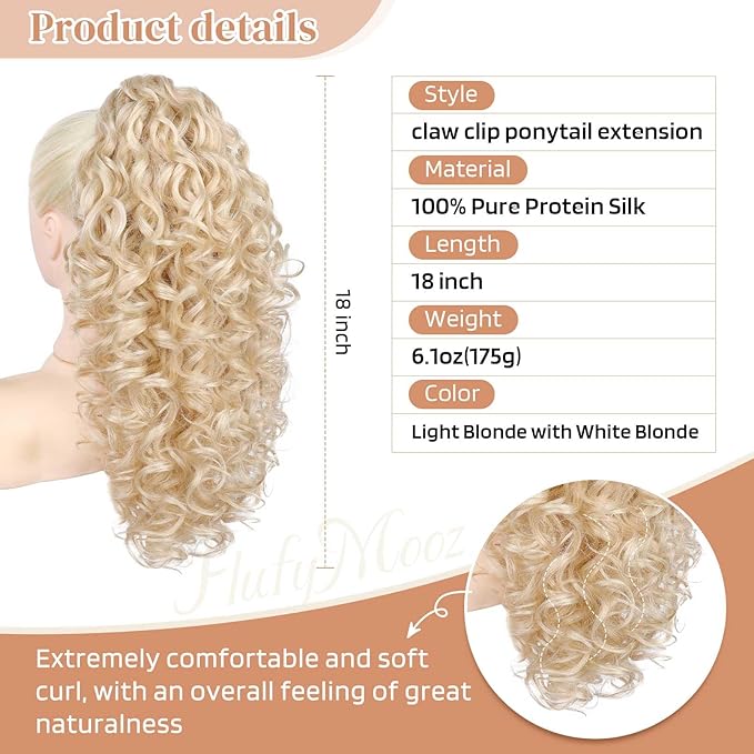 Flufymooz 100％ Pure Protein Ponytail Extension, 18 Inch Curly Claw Clip Ponytail Hair Extensions Natural Soft pony tail hairpiece for women-Light Blonde with White Blonde