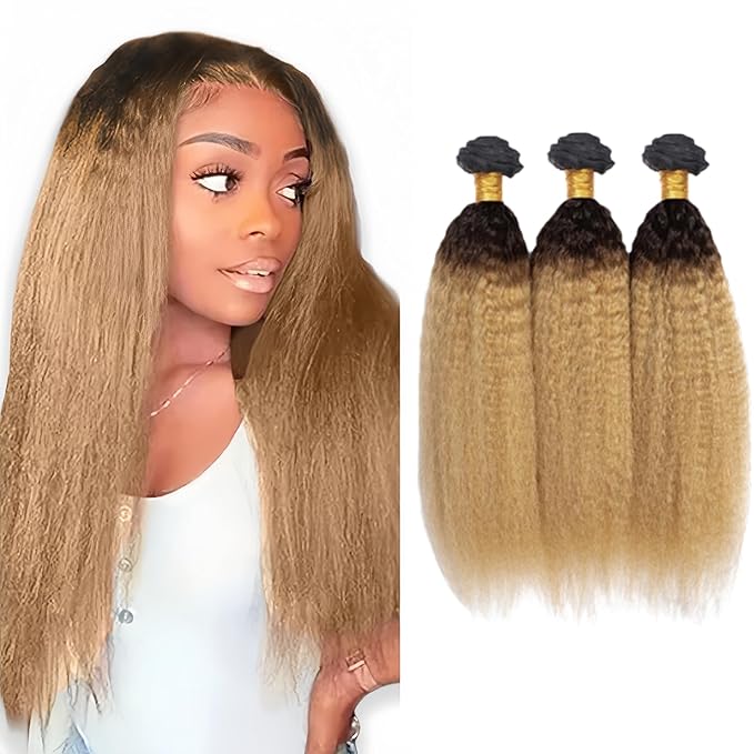 Ombre Human Hair Bundles 1B27 Kinky Straight Bundle Niegmeag Brazilian Virgin Remy Hair 3 Bundles 12 14 16 Inch 2 Tone Black and Honey Blonde Yaki Bundle 150g