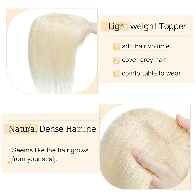 SEGO Hair Toppers for Women Real Human Hair With Bangs, 7 * 13CM Silk Base 100% Remy Human Hair Clip in Top Wiglet Hairpieces Add Volume -14 Inch Platinum Blonde