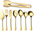 Gold Serving Utensils, OGORI 8-Piece Polished Stainless Steel Flatware Silverware Set Include Serving Spoon, Slotted Spoon, Cake Server, Soup Ladle, Fork, Salad Fork, Butter Knife, Serving Tong