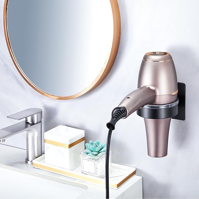 Blow Dryer Holder Wall Mounted, Hair Dryer Holder Stand Adhesive, Bathroom Hair Tool Organizer, Hairdryer Holder Compatible with Most Dryers (Black)