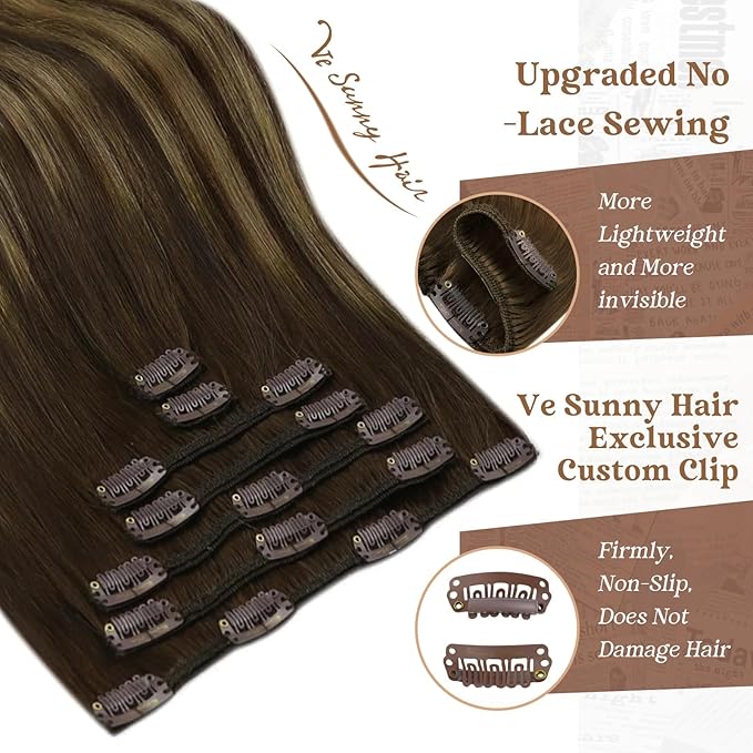 Ve Sunny Human Hair Clip in Extensions Brown Balayage Clip in Hair Extensions Ombre Dark Brown to Caramel Blonde Hair Extensions Real Human Hair Clip in 7pcs 20inch 120g