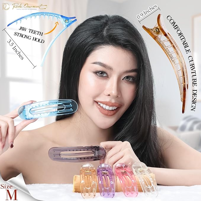 RC ROCHE 6 Pcs Flat Claw Hair Clips for Women Lay Down Barrettes No Crease Side Slide Thick Long Hair Duckbill French Against Head Jaw Claw Styling Clamp, Medium Transparent