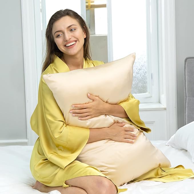 J JIMOO 100% Mulberry Silk Pillowcase for Hair and Skin, Both Sides 19 Momme Pure Natural Silk Pillowcases Soft Breathable Standard 20''×26'', Champagne 1 Pack