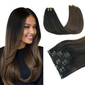 PINKPEARL Clip in Hair Extensions, 18 Inch 7pcs 120g #1BT4 Balayage Natural Black to Chocolate Brown, Hair Extensions Real Human Hair Clip Ins Natural Straight Hair for Women(#1BT4-18)
