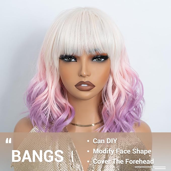 NOBLE Colourful Short Bob Wigs with Bangs for Women 3 Tone Ombre Pink root to Purple Color Short Wavy Bob Hair Wig Shoulder Length Synthetic Heat Resistant Bob Wigs