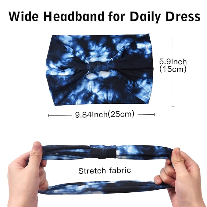 Yeshan Wide Headbands for Women Non Slip Boho Headband Elastic Tie dye Yoga Workout Sweat Bands Running Sport Hair bands,Pack of 6