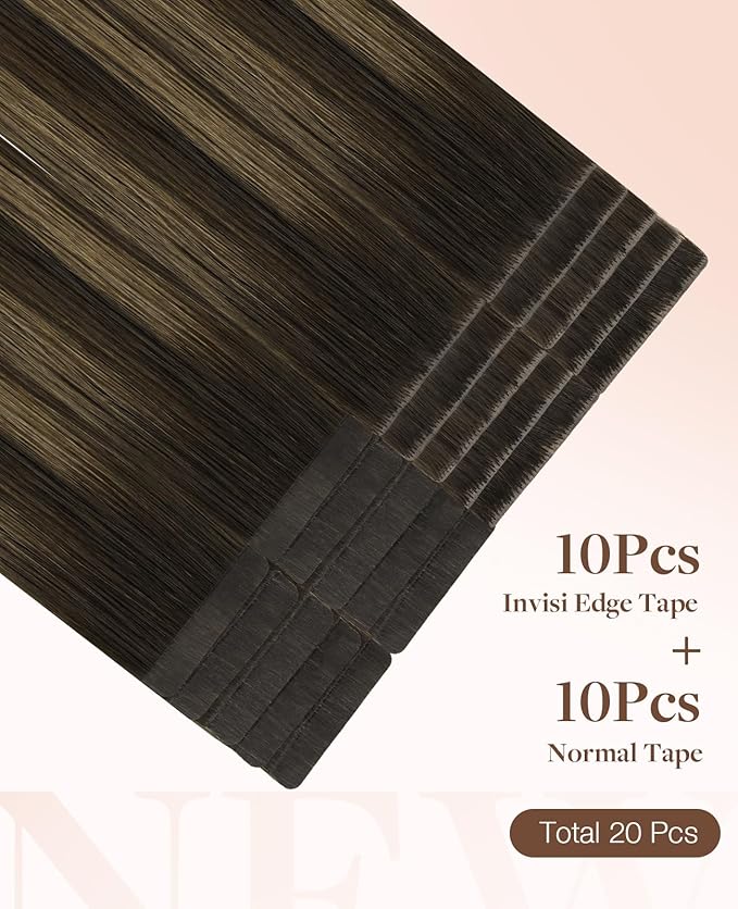 GOO GOO Invisi Edge Tape in Hair Extensions Human Hair, 2/6/2 Balayage Dark Brown to Chestnut Brown 10pcs injected with 10pcs classical tape ins, 16inch 50g, Virgin Remy Hair, Natural Look