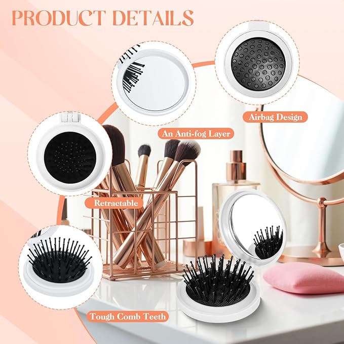 2pcs Mini Hair Brush with Mirror, Compact Air-Cushion Styling Foldable Brush, Tangle-Free Portable Design Lightweight Travel Brush for Women