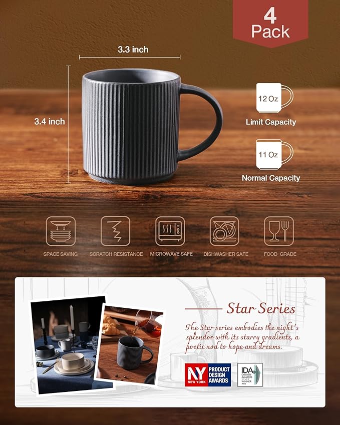 famiware Coffee Mug Set for 4, Star 12 oz Catering Mugs Cup Set with Handle for Coffee, Tea, Cocoa, Milk - Ceramic Stoneware Drinkware Set, Matte Dark Charcoal