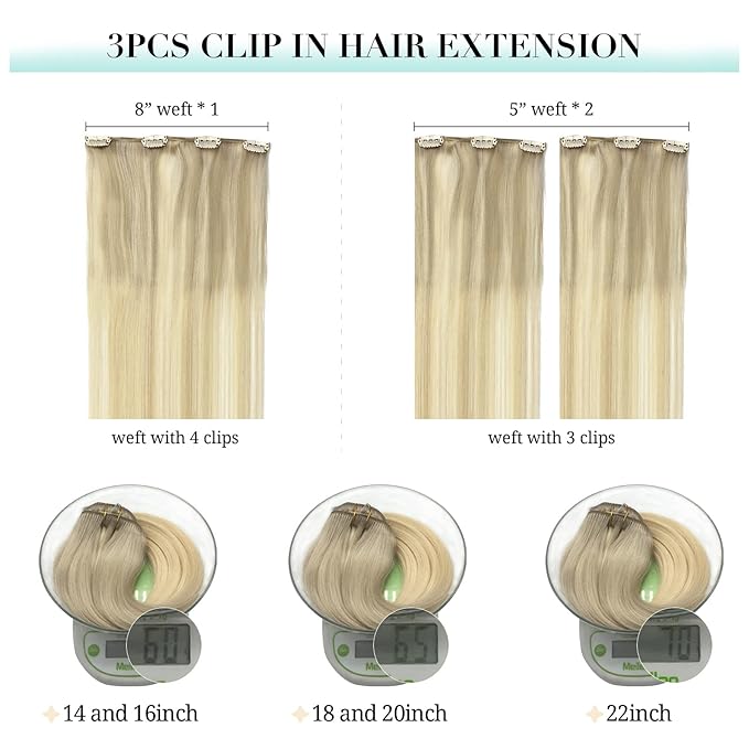 DOORES Hair Extensions Clip in Human Hair, 3pcs 60g 14 Inch Balayage Ash Blonde to Golden Blonde and Platinum Blonde Remy Clip in Human Hair Extensions Natural Straight Hair Extensions