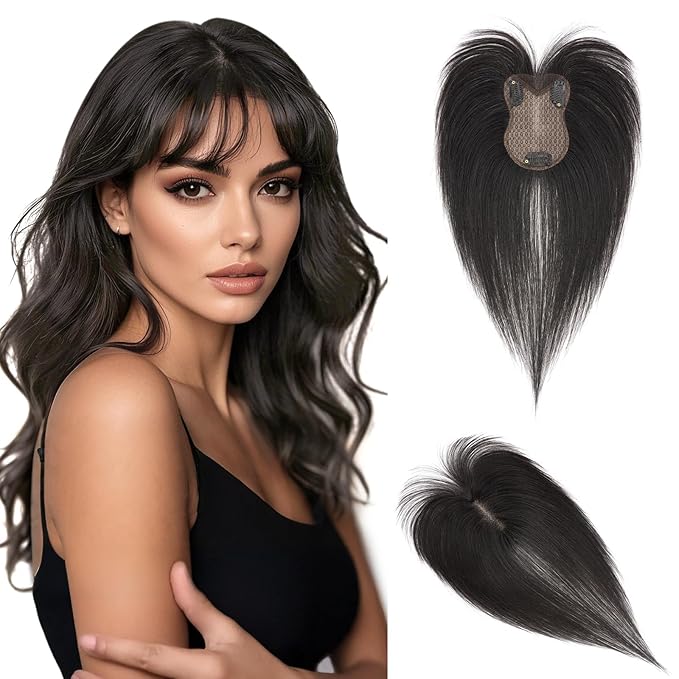 Hairro Toppers Hairpieces For Women Wispy Air Clip On Bangs Remy Short Black Lace Topper 3D Cover Wiglet 11 Inches 21g #1B