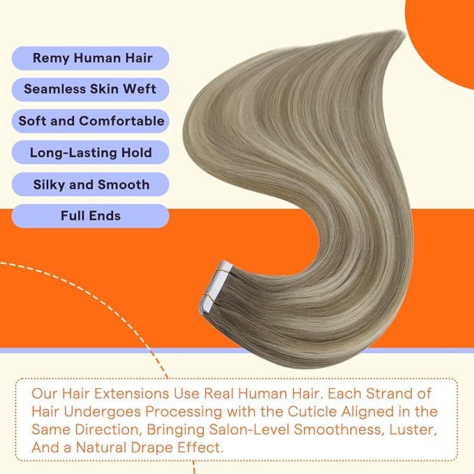 Full Shine Hair Extensions Real Human Hair Tape in Color 19/8/60 Blonde and Brown Balayage 20 Inch Invisible Seamless Tape Ins Human Hair Extensions 20PCS 50g Remy Extensions for Women Real Hair