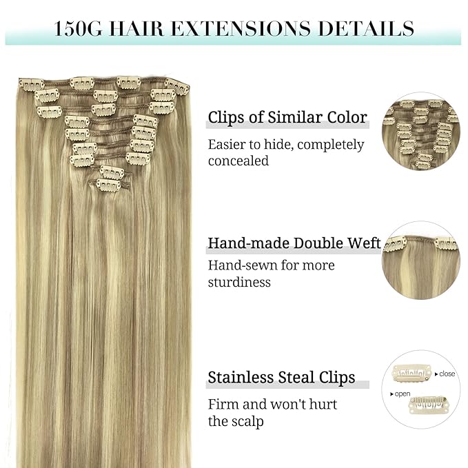 DOORES Hair Extensions Clip in Human Hair, Light Blonde Highlighted Golden Blonde 150g 9pcs 22 Inch, Clip in Hair Extensions Human Hair Extensions Human Hair Natural Straight Thick Human Hair