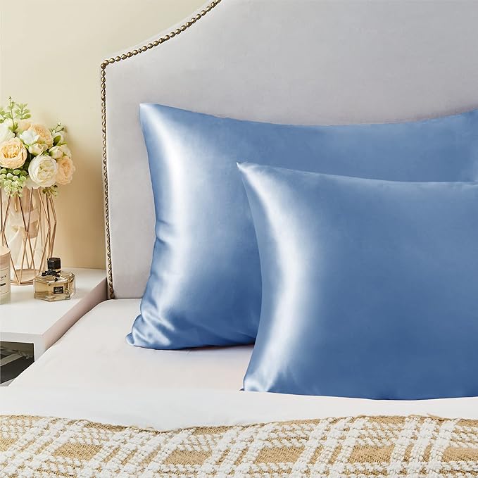 BEDELITE Satin Pillowcase for Hair and Skin, Super Soft and Cooling Similar to Silk Pillow Cases 2 Pack with Envelope Closure, Gift for Women Men(20"x30" Queen Size, Airy Blue)