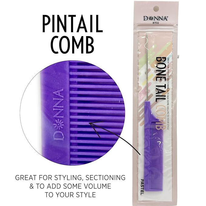DONNA Bone Tail Comb with Metal Pintail – Precision Styling & Parting Comb for Braids, Weaving & Hair Sectioning Professional Hair Tool (PURPLE)