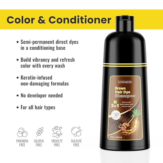 KINGMING Hair Dye Shampoo 3 in 1 for Gray Hair, Hair Color Shampoo for Women Men Grey Hair Coverage