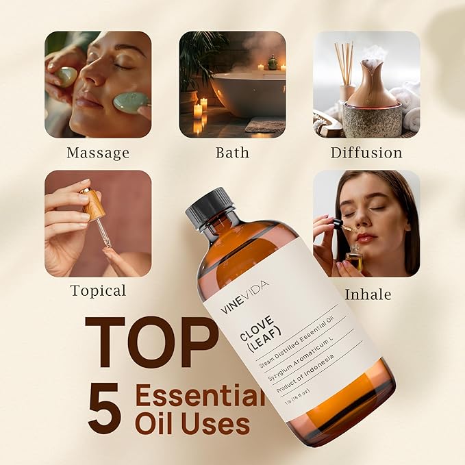 VINEVIDA Essential Oil 16 oz - Undiluted Clove Oil - Candle Oil Scent - DIY Candle Scents and Bulk Essential Oil for Soap Making, Safe for Skin