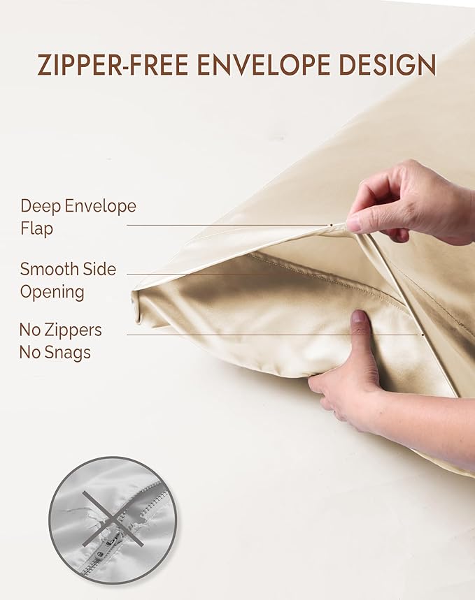 SilkSilky 100% Mulberry Silk Pillowcase - Pure 22 Momme High-Grade 6A Fibers for Hair & Skin, Envelope Closure, Natural, Organic, Breathable & Cooling Pillow Case (Queen, Beige)