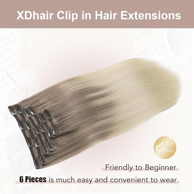 XDhair Hair Extensions Clip in Human Hair 120g 20 Inch Ash Brown to Platinum Blonde Human Hair Clip in Extensions Double Weft 6pcs for Women(20, #8T60)